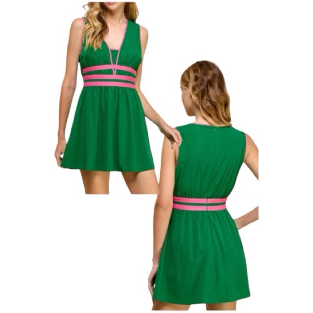 TCEC Green Mini Athletic Dress with Pink Trim